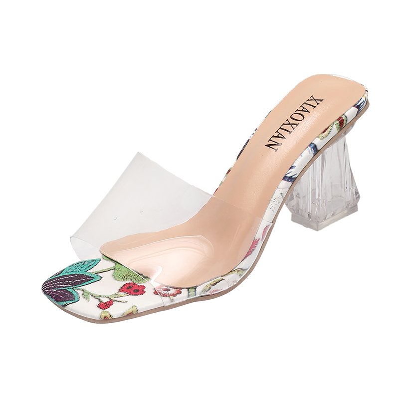 Klare hæle hjemmesko kvinder sandaler sommer gennemsigtige sko firkantede høje pumps jelly buty damskie gladiator firkantet hæl blomst: Rød / 39
