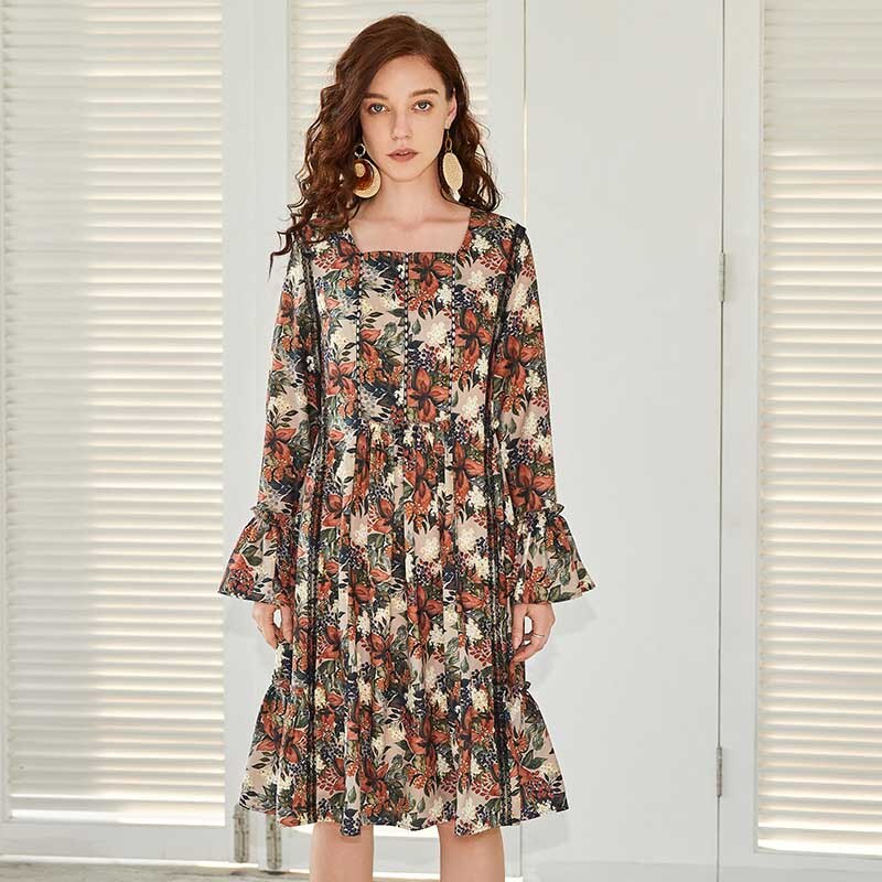 Artka forår kvinder kjole vintage blomster print firkantet hals kjole flæsede langærmede kvindelige kjoler  la10096q: Blomst / S