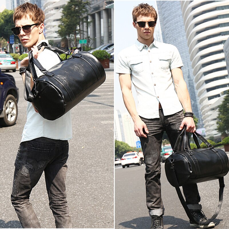 Men Travel Duffle Bag PU Leather Men&#39;s Travel Bags Black Shoulder Handbag Round Bucket Shape Messenger Bag Tote JXY814