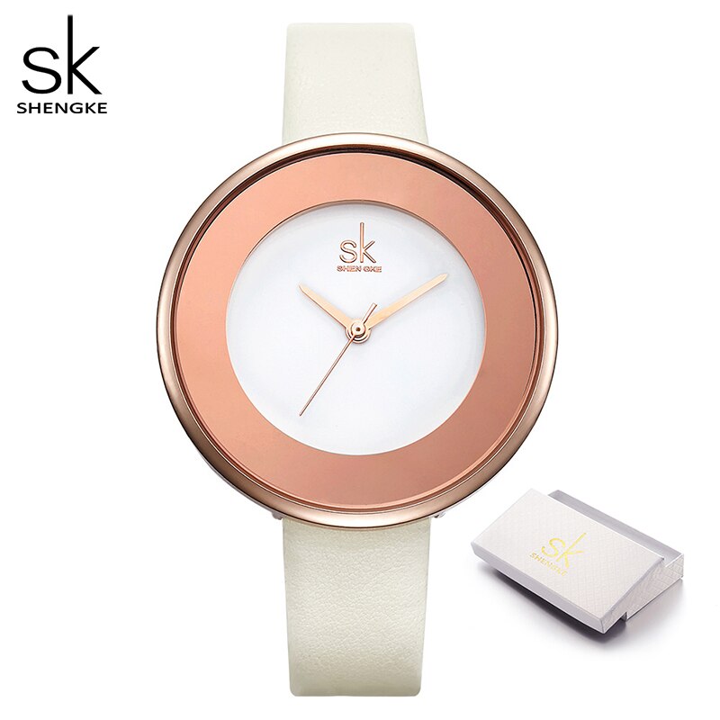 Shengke Hemelsblauw Lederen Band Gesp Vrouwen Horloges 38 Mm Grote Top Brand Eenvoudige Wijzerplaat Quartz Luxe Dameshorloge Reloj mujer: white with box