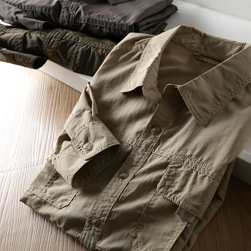 Chemise à manches longues et revers pour homme, nouvelle chemise américaine à séchage rapide, tissu imperméable d'extérieur, printemps et automne