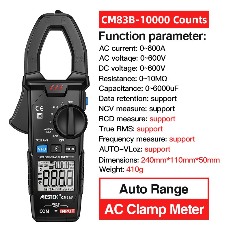 Digital AC DC Current Clamp Meter Auto Range 600A 6000 Counts True RMS Multimeter Resistance Frequency Tester NCV Ohm Tester: CM83B
