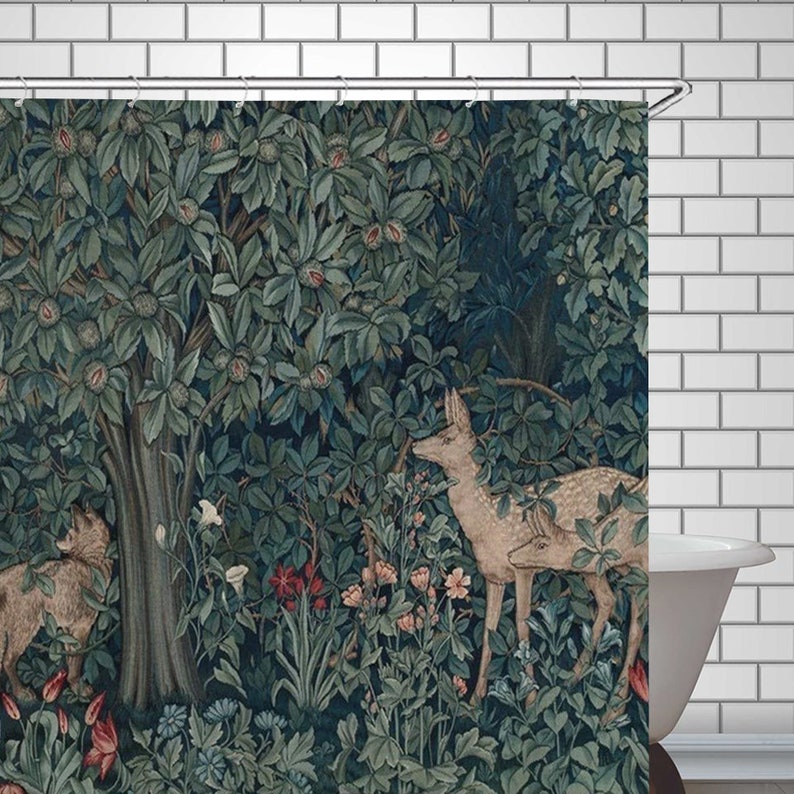 William Morris Art Sier Douchegordijn Aardbei Dief Vintage Patroon Botanische Vogels Bloemen Nouveau Badkamer Decor: The Forest Deer / 165x180 cm