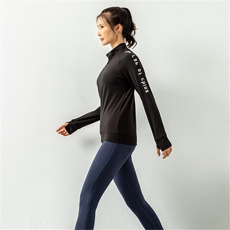 Sudaderas con capucha para correr con estampado de letras para mujer, abrigo de entrenamiento deportivo, prendas de vestir con cremallera, para Fitness, Yoga, gimnasio, sudadera con agujero en el pulgar: Black / S