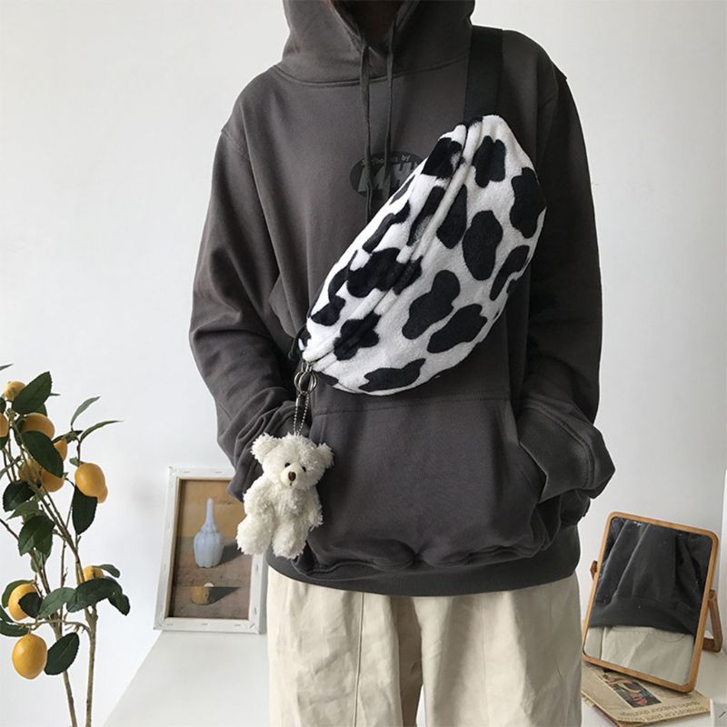 Kvinder ko print plys talje taske fanny pack pose sportsbælte hofte bryst crossbody skulder pung