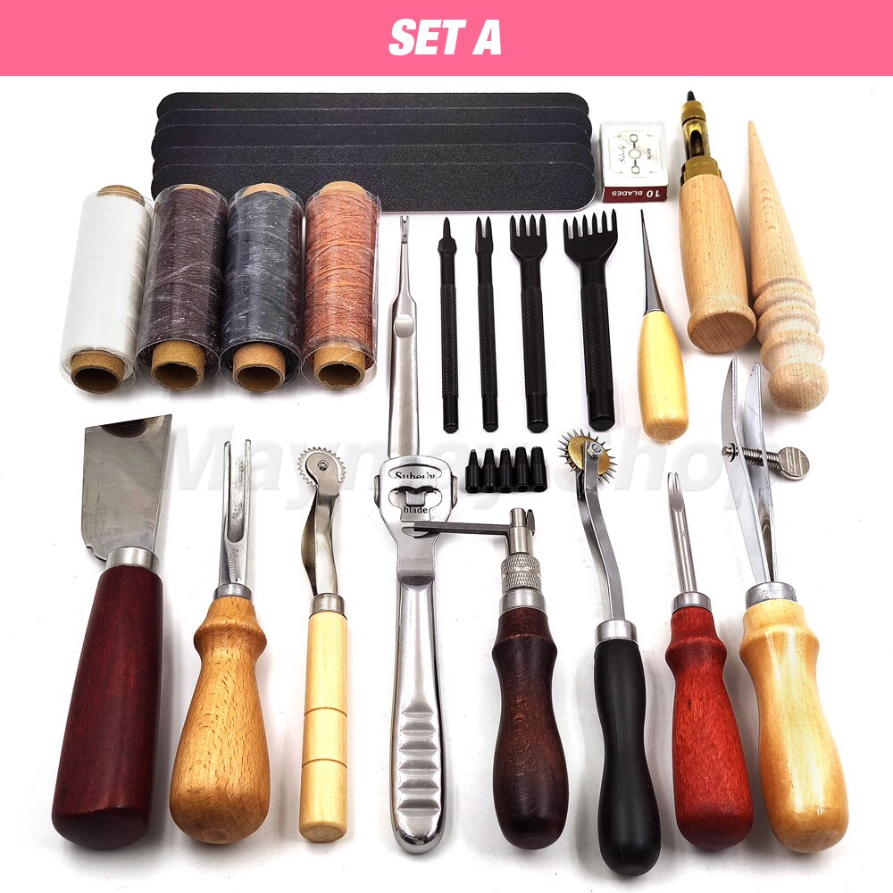 Pine Wood Leathercraft Hand Stitching Clamp Leathercraft Tool Set Kits Leather Punching Carving Saddle Groover Tools Storage DIY: SET A