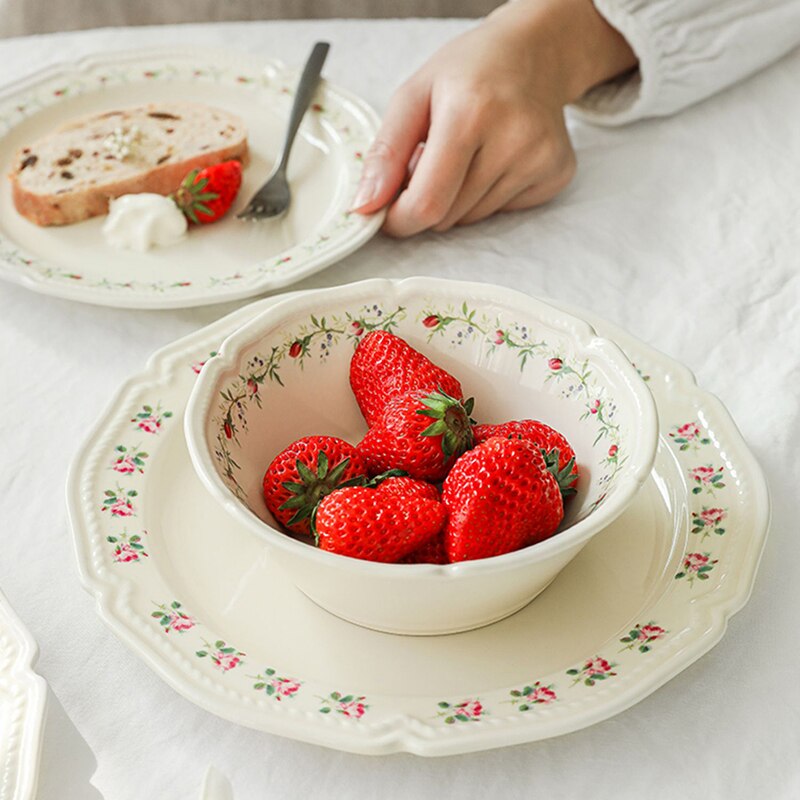 Floriferous Dessert Plate Embossed Edge Dinner Plates Dishes Household Ceramic Plate And Bowls Simple White Tableware