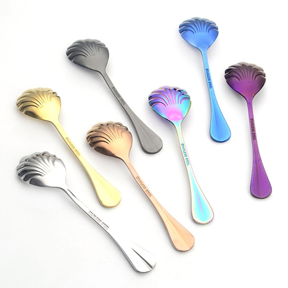 6Pcs Shell Shape Stainless Steel Teaspoons Coffee Spoons Ice Cream Sugar Dessert Spoons Colorful Rainbow Spoons for Kitchen Bar