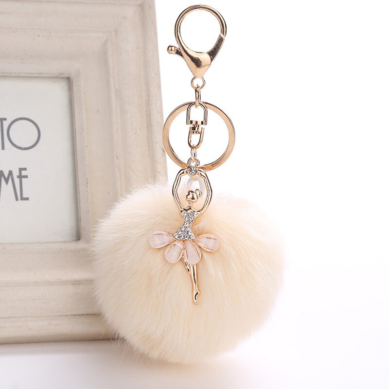 Vrouwen Chaveiro Angel Sleutelhanger 8cm Bont Pom Pom Sleutelhanger Faux Konijn Haar Bol Zak Auto Ornamenten Vossenbont bal Hanger Sleutelhanger: beige