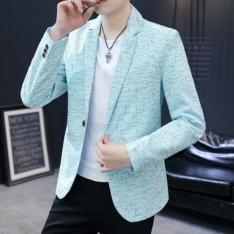 Män slim fit tryckt kavaj ungdom våren stilig cool kavaj trend avslappnad mångsidig kavaj