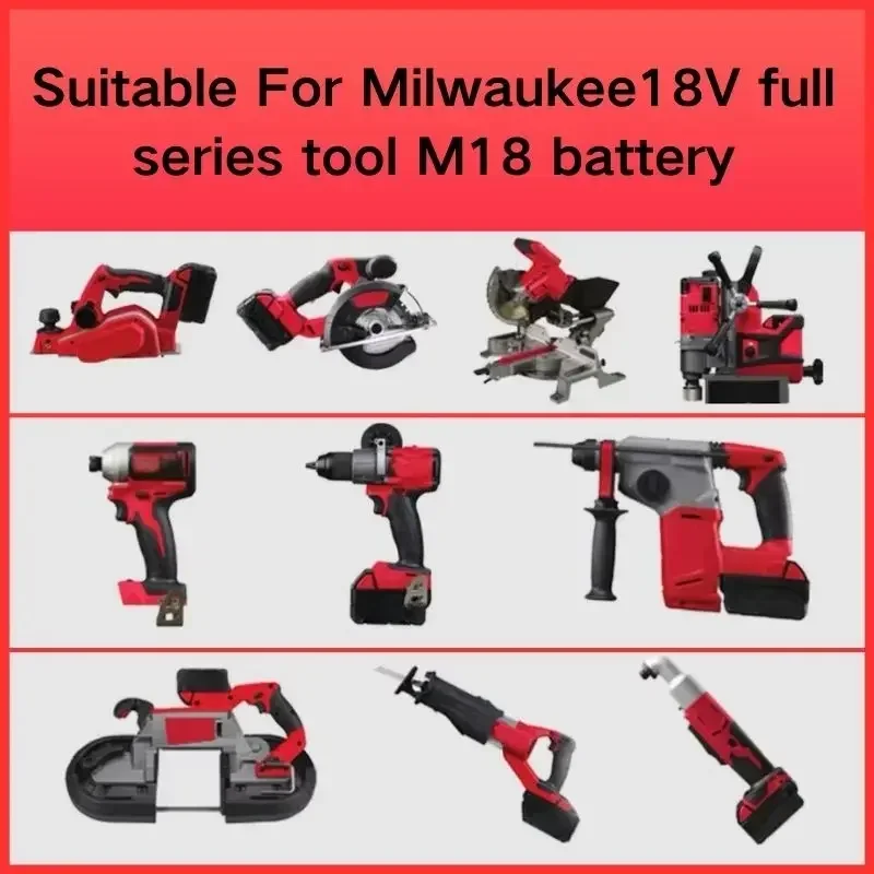 For Milwaukee M18 Power Tool Battery, Charger, BR, XC, 18V, 6000mAh/9000mAh/12000mAh M18B5, 48-11-1860, Built-in 18650 Battery