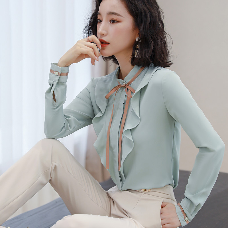 Light Blue Shirt Women Autumn Retro Long Sleeve Stand Collar Ruffles Chiffon Blouses Office Ladies Work Tops