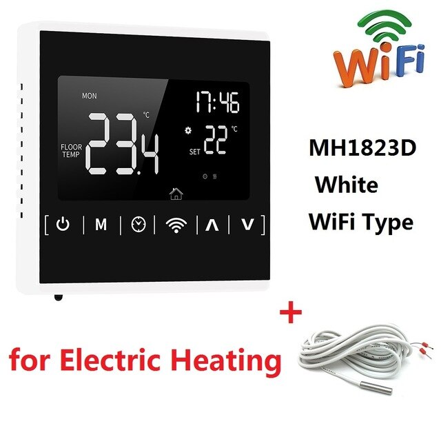 110V 120V 220V Programmable Temperature Controller Warm Floor WiFi Thermostat with Sensor: MH1823D WiFi White
