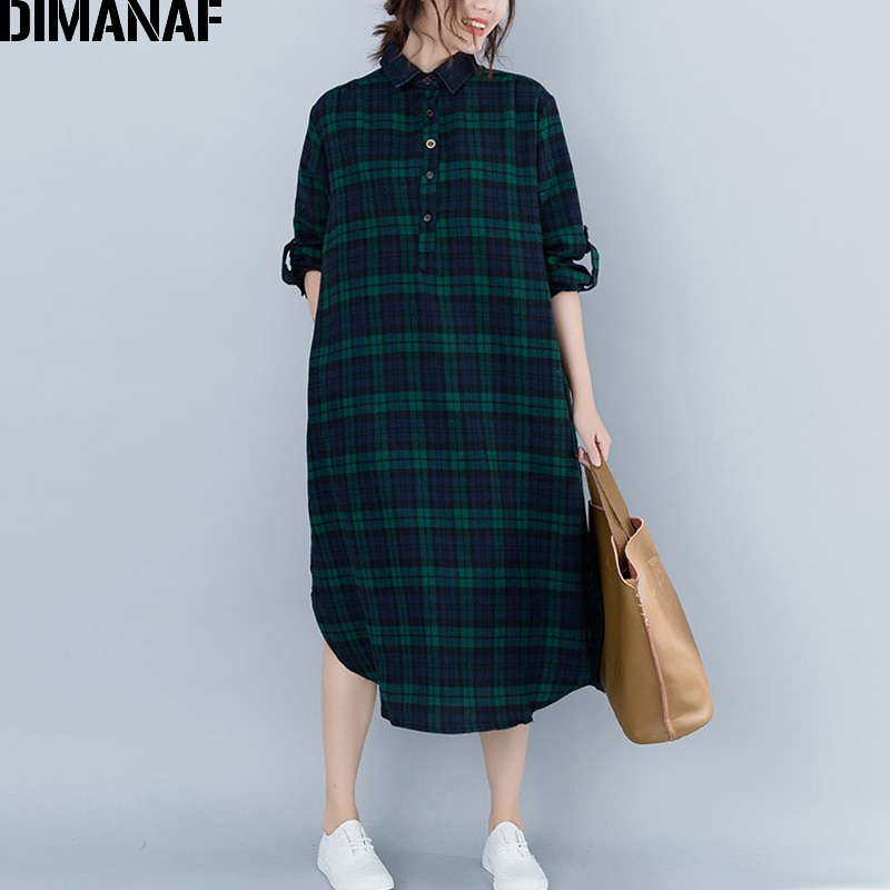 Dimanaf naisten mekot pitkähihaiset puuvilla vintage naisten vaatteet isot koot vestidos löysä printti ruudullinen naisten mekko syksy