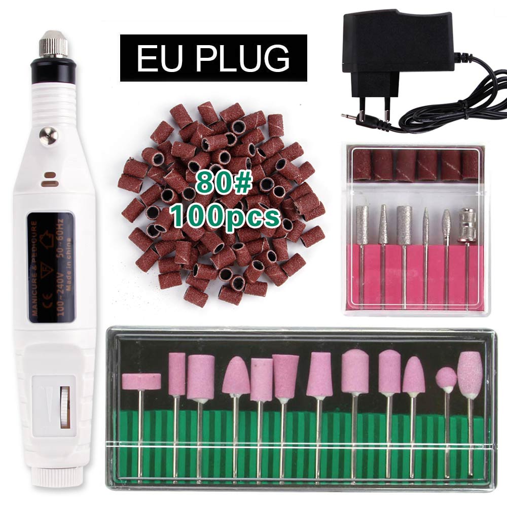 Elektryczne aparaty do Manicure urządzenie do Pedicure kwarcowe wiertła do paznokci 100Pc szlifowanie taśmy szlifierskie pilnik do paznokci bufor żel usuń: White EU Plug 80