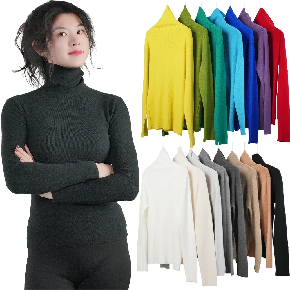 Damegenser vinter varm strikkeplagg med høy krage langermet slanke gensere dame termotopper klær pullover polohalsgensere