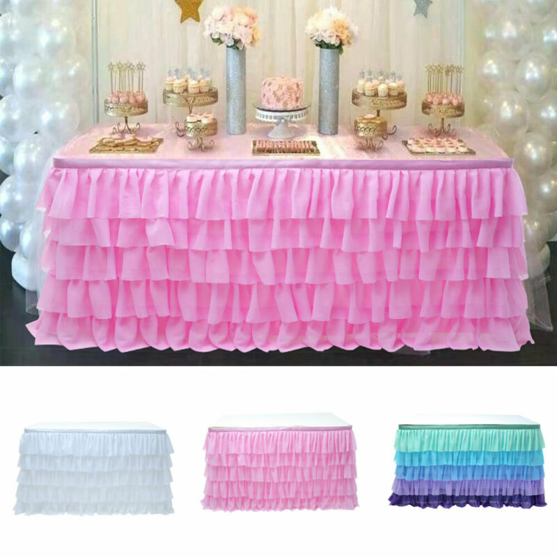 Faroot White Tulle Ruffled Table Skirt Decoration for Rectangle Round Table 5-layer Table Skirting Birthday Party