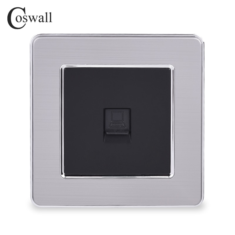 COSWALL 1 Gang RJ45 Internet Jack CAT5E Connector Stainless Steel Brushed Panel Computer Outlet Wall Data Socket