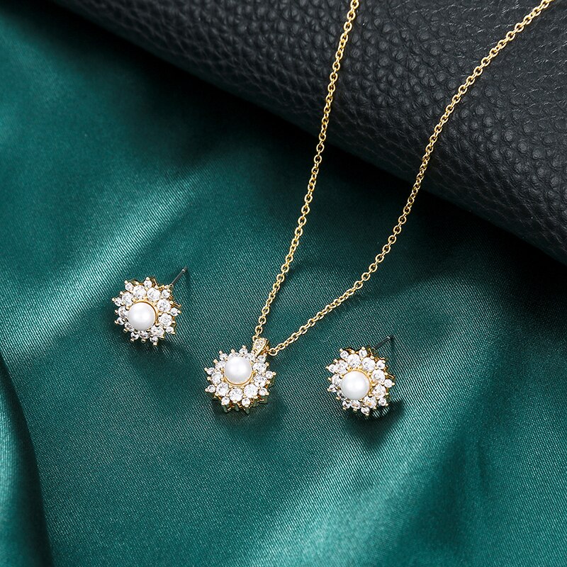 Weimanjingdian Exquisite Zirconia En Shell Parel Bloem Ketting Oorbel Bruids Sieraden Set