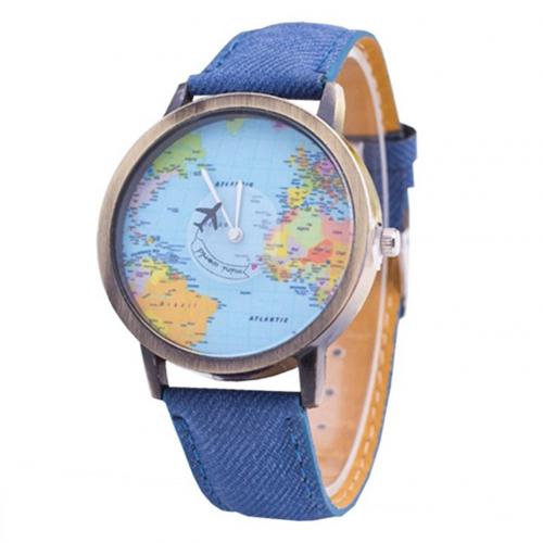 Reloj de cuarzo con correa de cuero de imitación para mujer, pulsera de hora con de mapa del mundo, esfera redonda, Retro Unisex: Azul