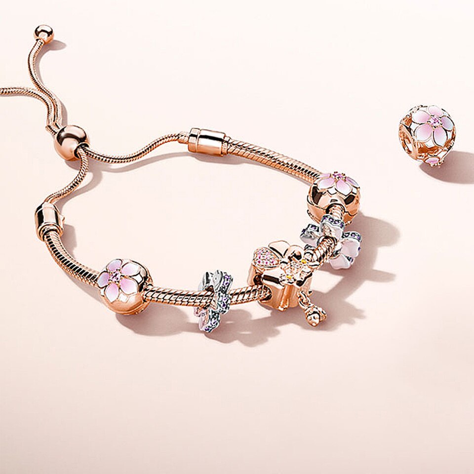 Pulsera de plata de ley 925 con abalorios, joyería de oro rosa, pulsera de CZ brillante para mujer, joyería DIY