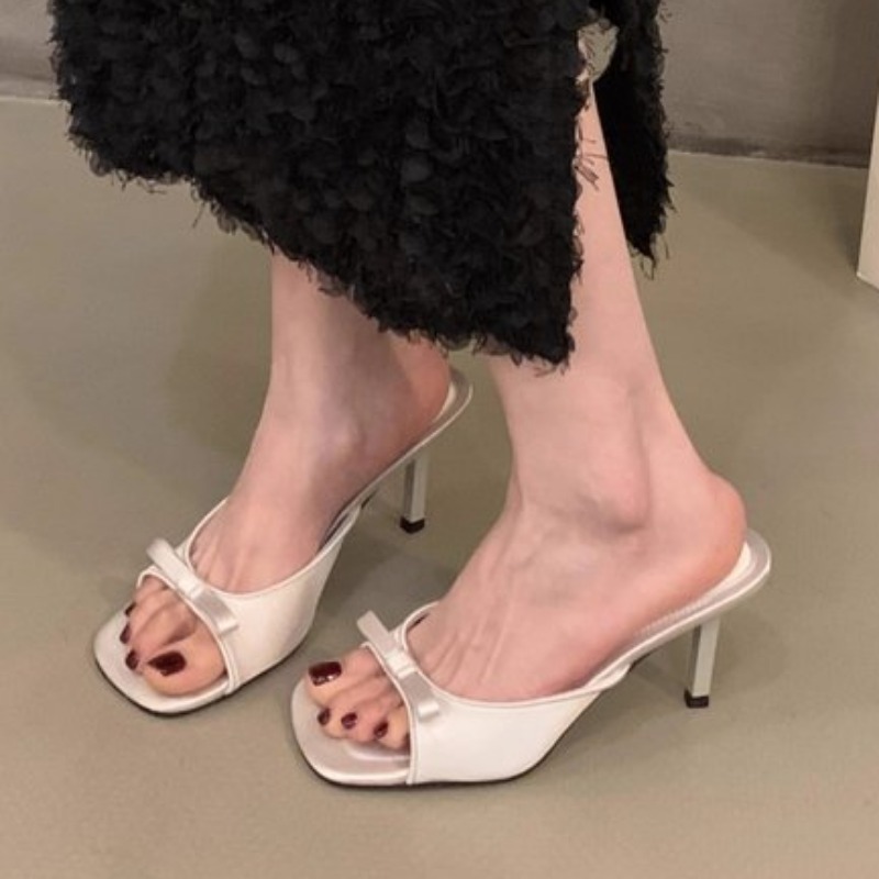 Mules de tacón alto bajo para mujer, sandalias con tiras y lazo, punta cuadrada, aspecto callejero, Verano: Beige / 39