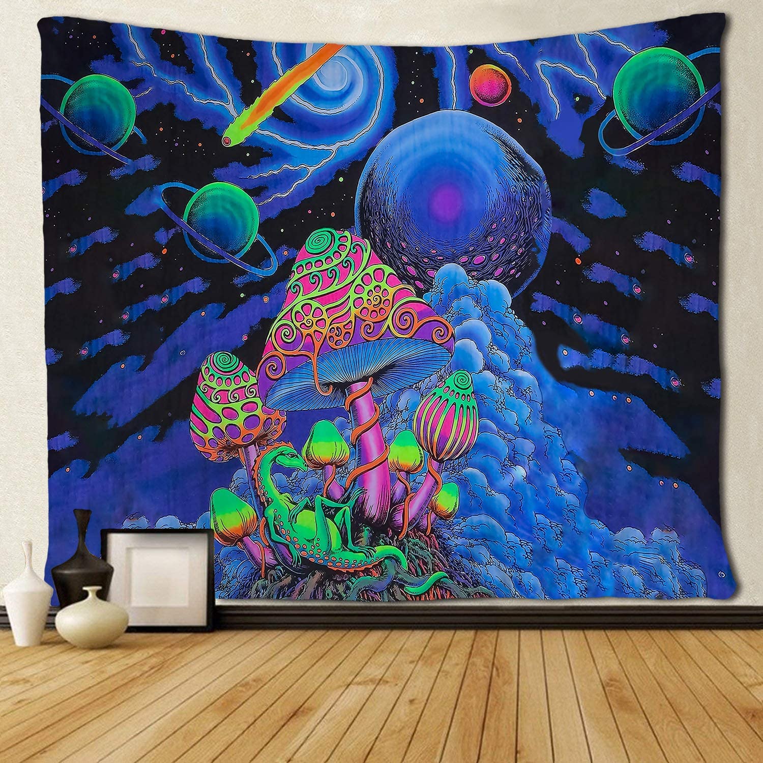 Psychedelic Mushroom Tapestry Nebula Galaxy Meteor Planets Sky Wall Hanging
