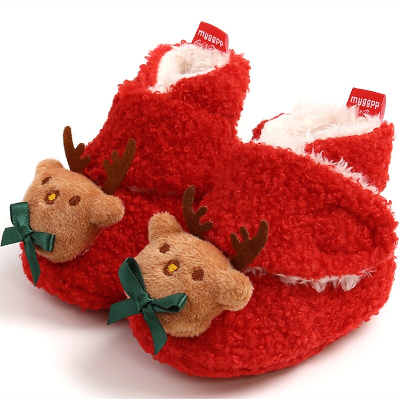 Merry Christmas Party Baby Girls Boys Booties Lovely Winter Warm Cartoon Pattern Fleece Slippers Anti-Slip Newborn Crib Shoes