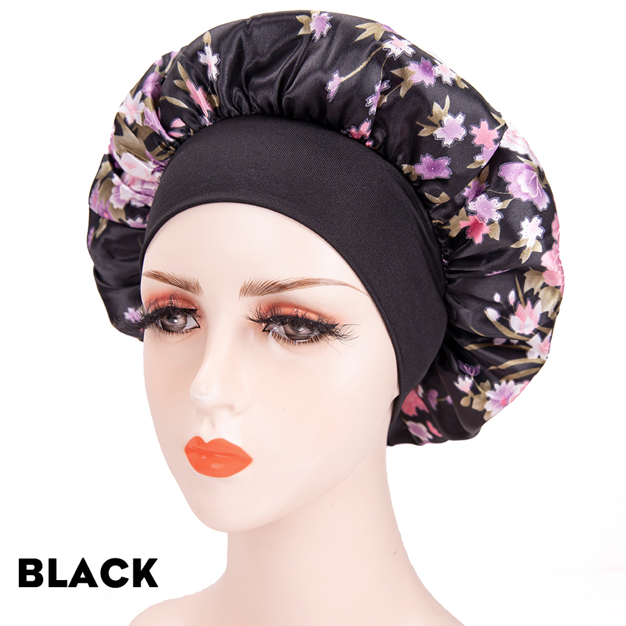 Red Flowers 1 Piece Sleep Cap Satin Bonnet Night Head Cover With Wide Band For Sleeping Soft Hair Silk Bonnet For Women Girls: BLACK