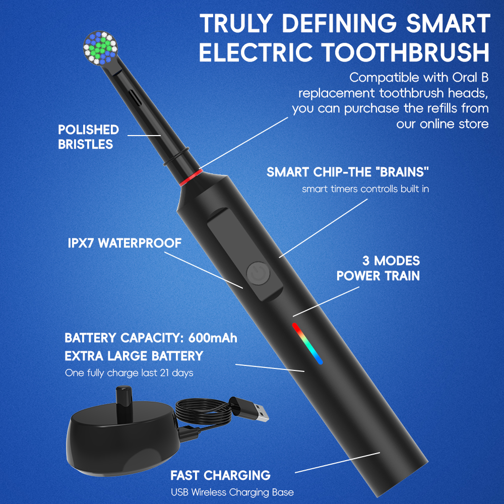 Intelligente, kabellose, rotierende elektrische Zahnbürste, wiederaufladbare 3-Modi-Rotationszahnbürste, kompatibel mit Oral B Bürstenkopf