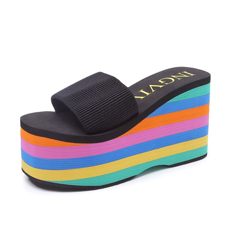 Hohe EVA Sohle Frauen Regenbogen streifen Rutschen Plattform Keil Dicken Boden Schuhe High Heels sandalen hausschuhe: Black / 8