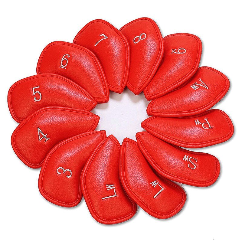 Synthetic Leather Golf Iron Head Covers 12 Pcs/Set Waterproof Durable Club Protect Headcovers: Red