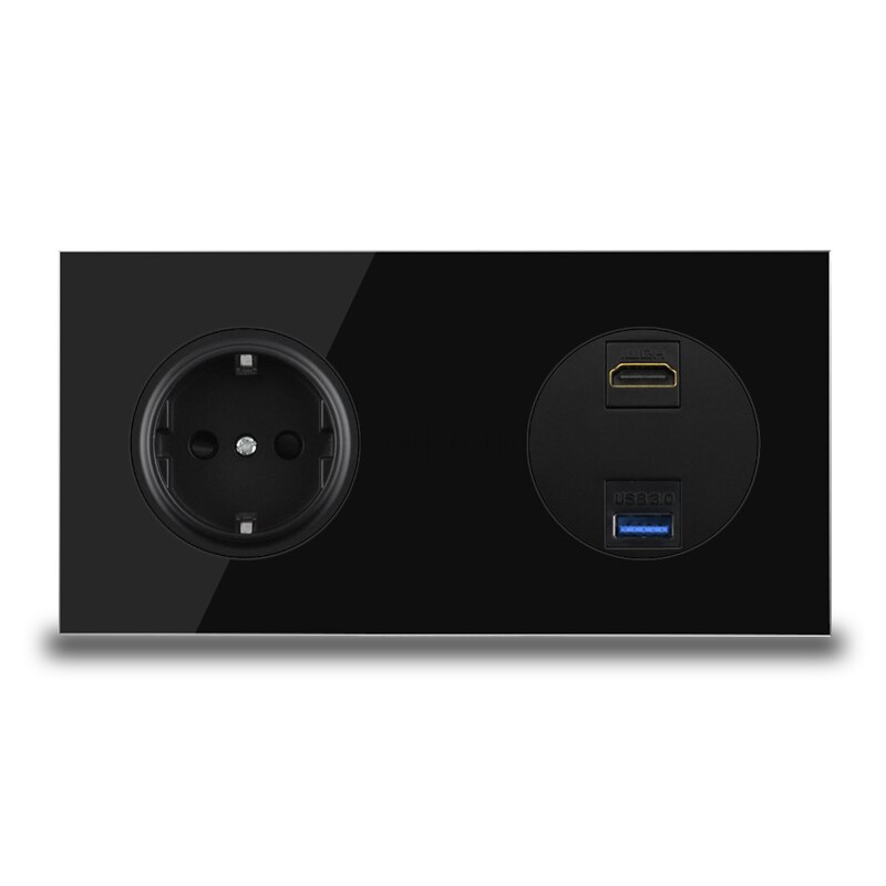 Eu de stik stikkontakt hdmi usb 3.0 data jack dataoverførsel port vægstik til computer pc tv tv sort glasramme: Hdmi usb stik