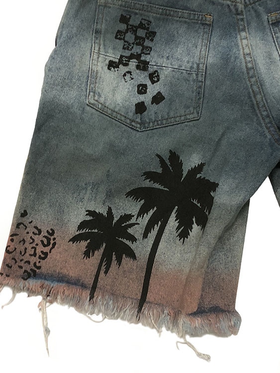 Mens jeansshorts vanliga hiphop knälånga shorts med korta hål för män sommar hawaii kokosnöt träd shorts