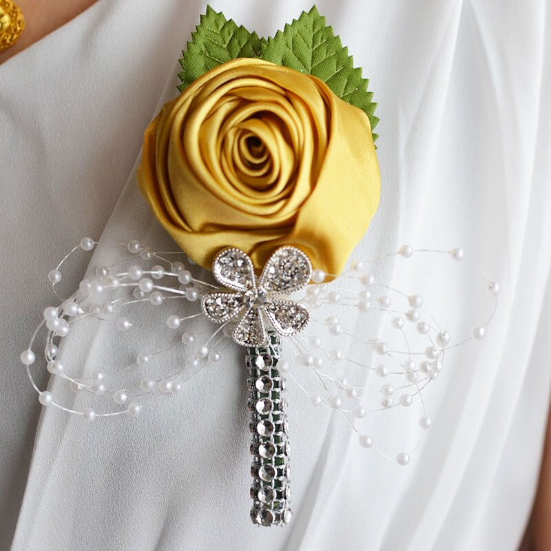 Kyunovia bröllop bal corsage konstgjord blomma brosch bröllop boutonniere brudgum brudtärna groomsmen blommor boutonniere  fe21: Guld-