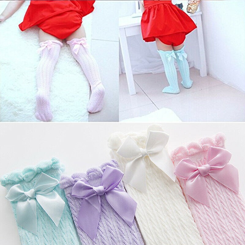 Chaussettes longues en coton pour bébés filles | À volants, hauteur des genoux, chaussettes décontractées, couleur solide, , doux, respirant, nœuds, automne