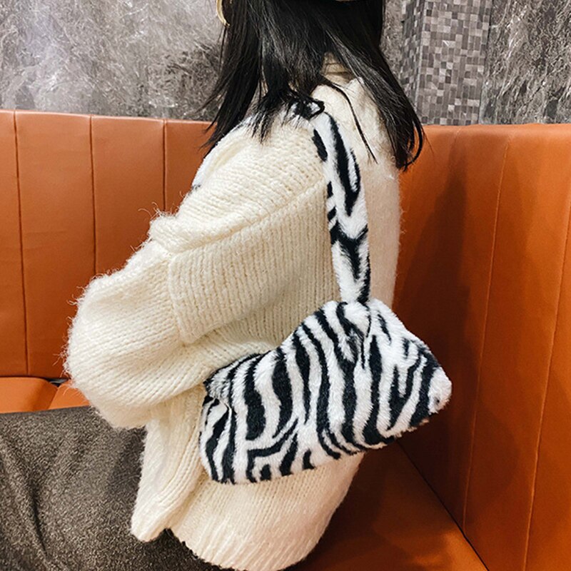 Winter Vintage Zebra Patroon Schouder Onderarm Zak Vrouwelijke Pluche Herfst Handtas Zachte Warme Bont Tote Purse Voor Lady Clutch Bag sac