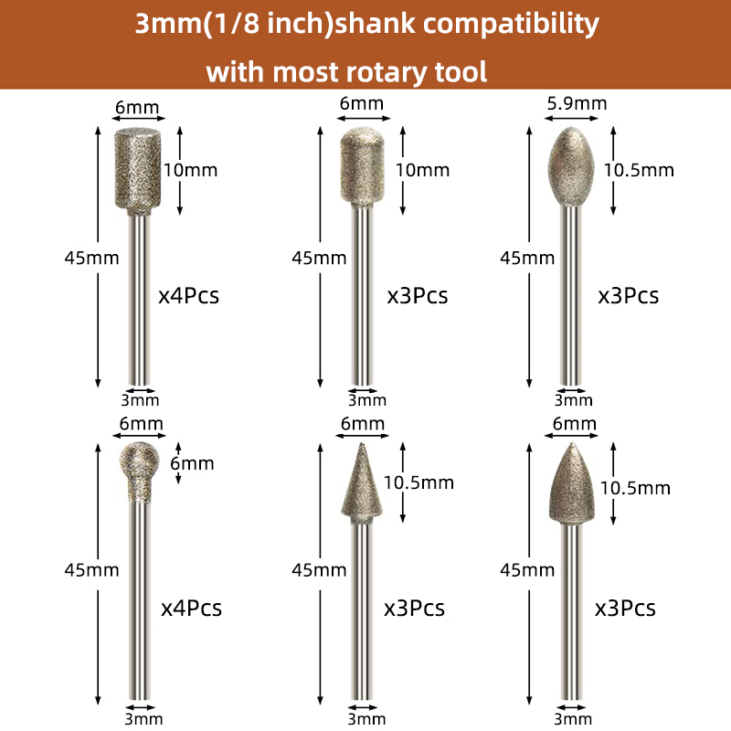 Diamond Drill Grinding Bit Set, 1/8" Shank Stone Carving Dremel Rotary Tool for Ceramic Glass Stone, 20Pcs