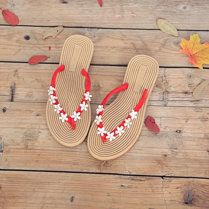 Sandalias planas de flores pequeñas a la de Verano , zapatillas frescas para mujer, zapatos de playa para mujer, zapatillas, chanclas, zapatos 35-40: Rojo / 5