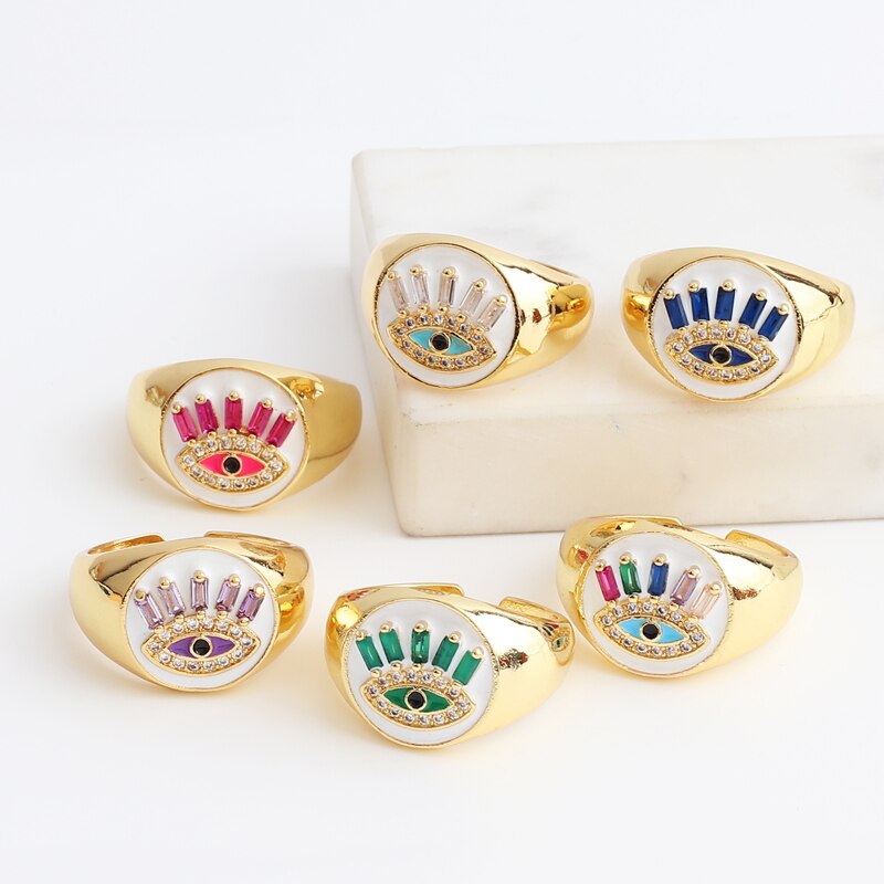 Trendy Chunky Evil Eye Ringen Regenboog Keuze Verstelbare Signet Ronde Ring Koper Cz Sieraden Party Wedding Voor Vrouwen