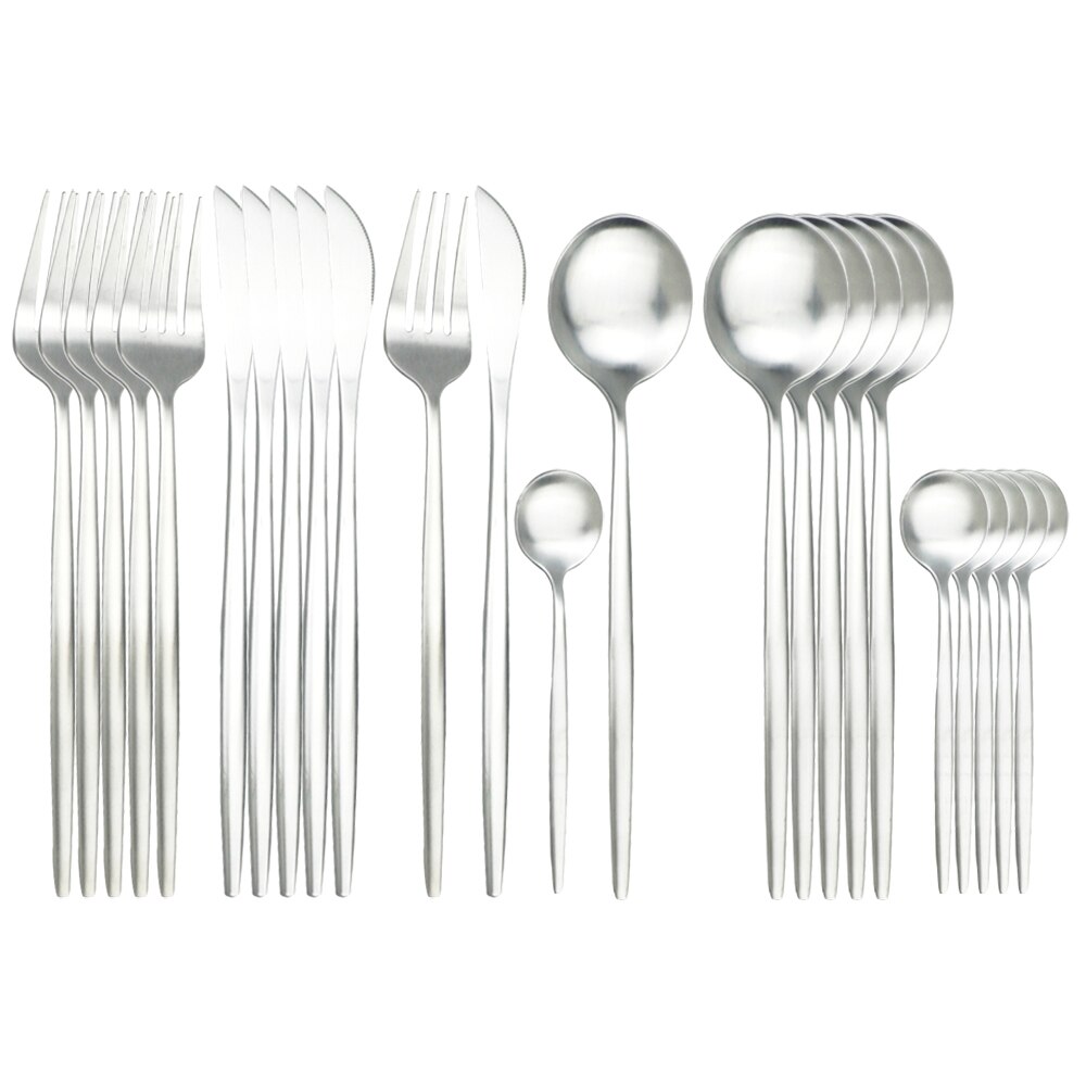 Couverts bleu en acier inoxydable 410, 24 pièces, service de table, coutellerie, cuillère, fourchette, couteau, argenterie, coutellerie: Silver