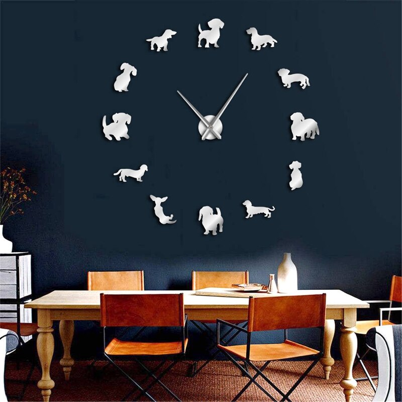 Diy dachshund veggkunst wiener-hund valp hund kjæledyr rammeløs gigantisk veggklokke med speileffekt pølsehund stor klokkevegg wat