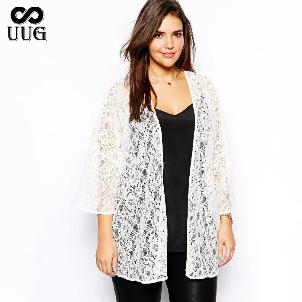 UUG Plus Size Women Lace Cardigan 4xl 5xl Women Large Sizes Black Coat Lace Long Shrug Lady Clothing XXXL Lady Big Clothes Lace