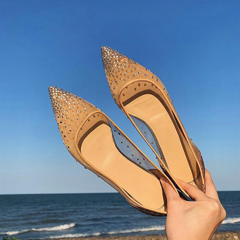 Spring Ladies Flats Shoes Women Rhinestone Comfortable Pointed Toe Flat Shoes Gold Silver Female Casual Woman Boat Shoes