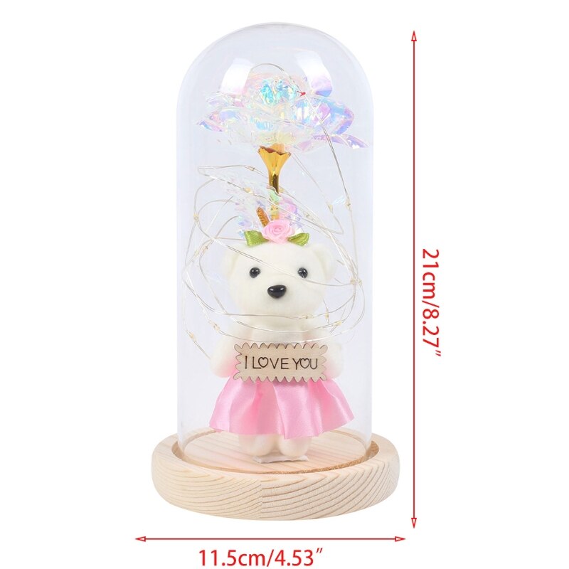 Gold Foil Rose Flower Bear in Glass Dome with LED Night Light Mothers Day Valentine's Day Wedding Party Decoration