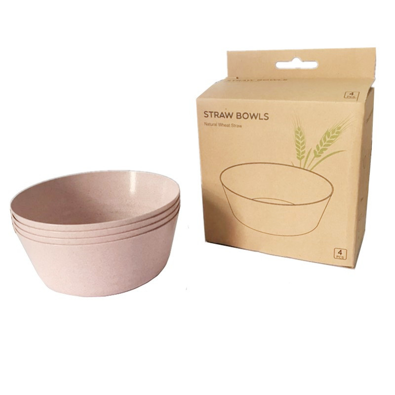 4pcs Pink Kitchen Wheat Straw Tableware Reusable Household Dishware Kids Adult Spoon Fork Cup Salad Soup Bowl Plate: B1-4pcs pink bowl