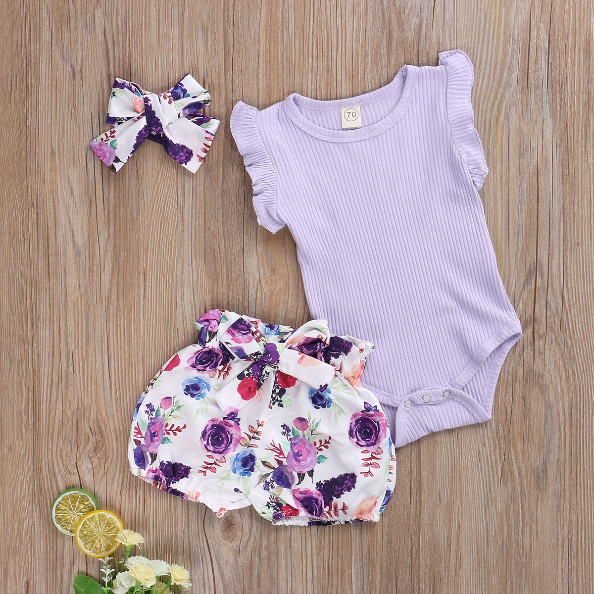 Mise au point 0-24M été filles garçons vêtements ensembles volants Shorts manches barboteuse Shorts floraux bandeau 3 pièces