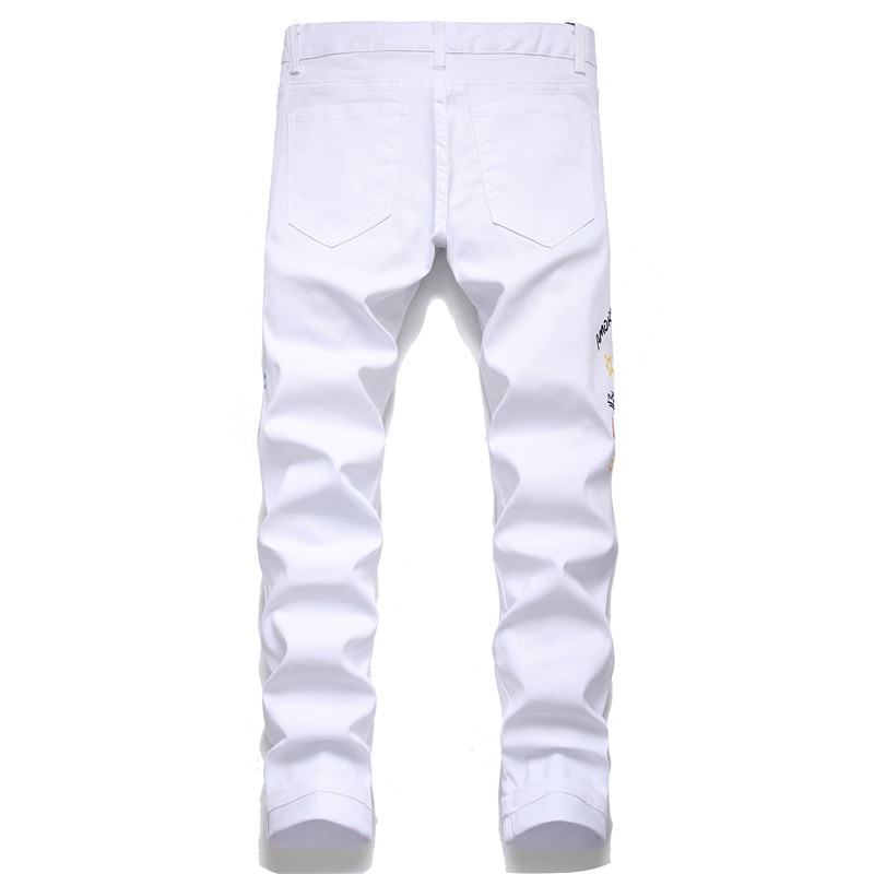 Pantalones vaqueros blancos con estampado de Ángel y letras bordadas para hombre, pantalones pitillo elásticos ajustados a la