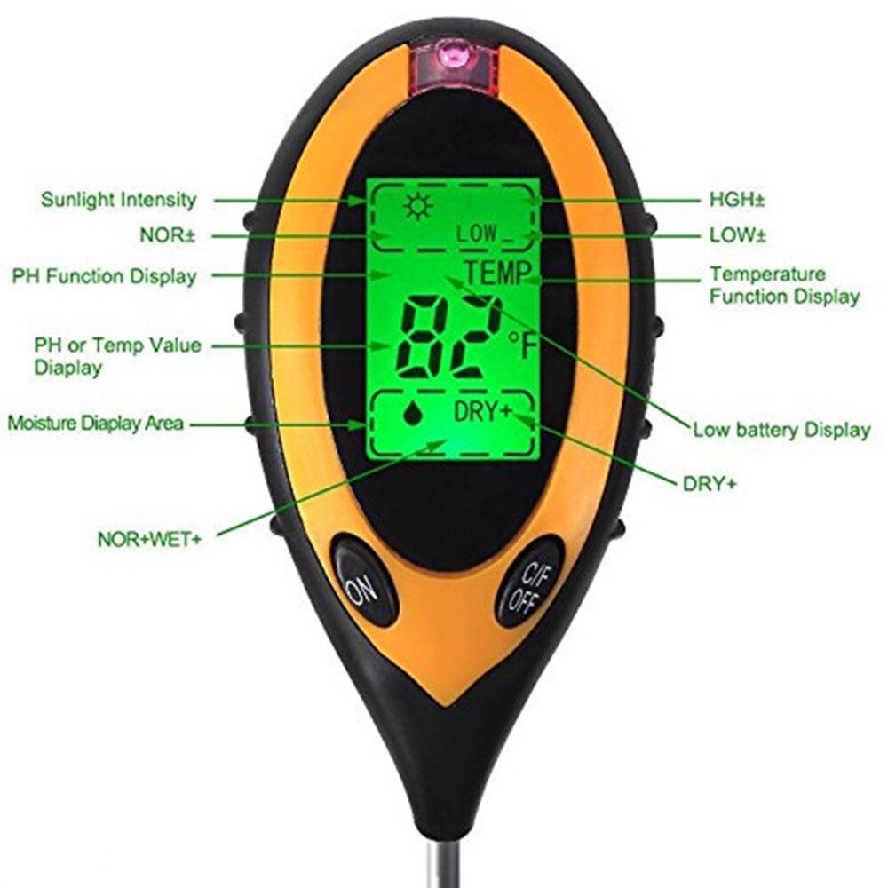 Soil Meter Thermometer 4 in 1 Plant Soil PH Moisture Light Soil Survey Instrument PH Value Sunlight Tester
