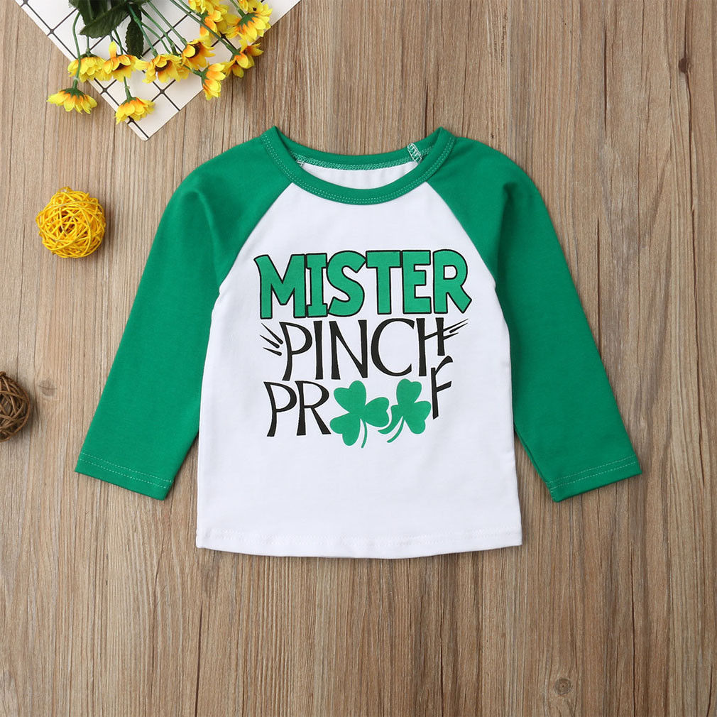 Zomer Baby Jongens Meisjes Tops Mister Pinch Proof Brief Gedrukt Lange Mouwen Tee Trui Groene St. Patricks Day Kostuum